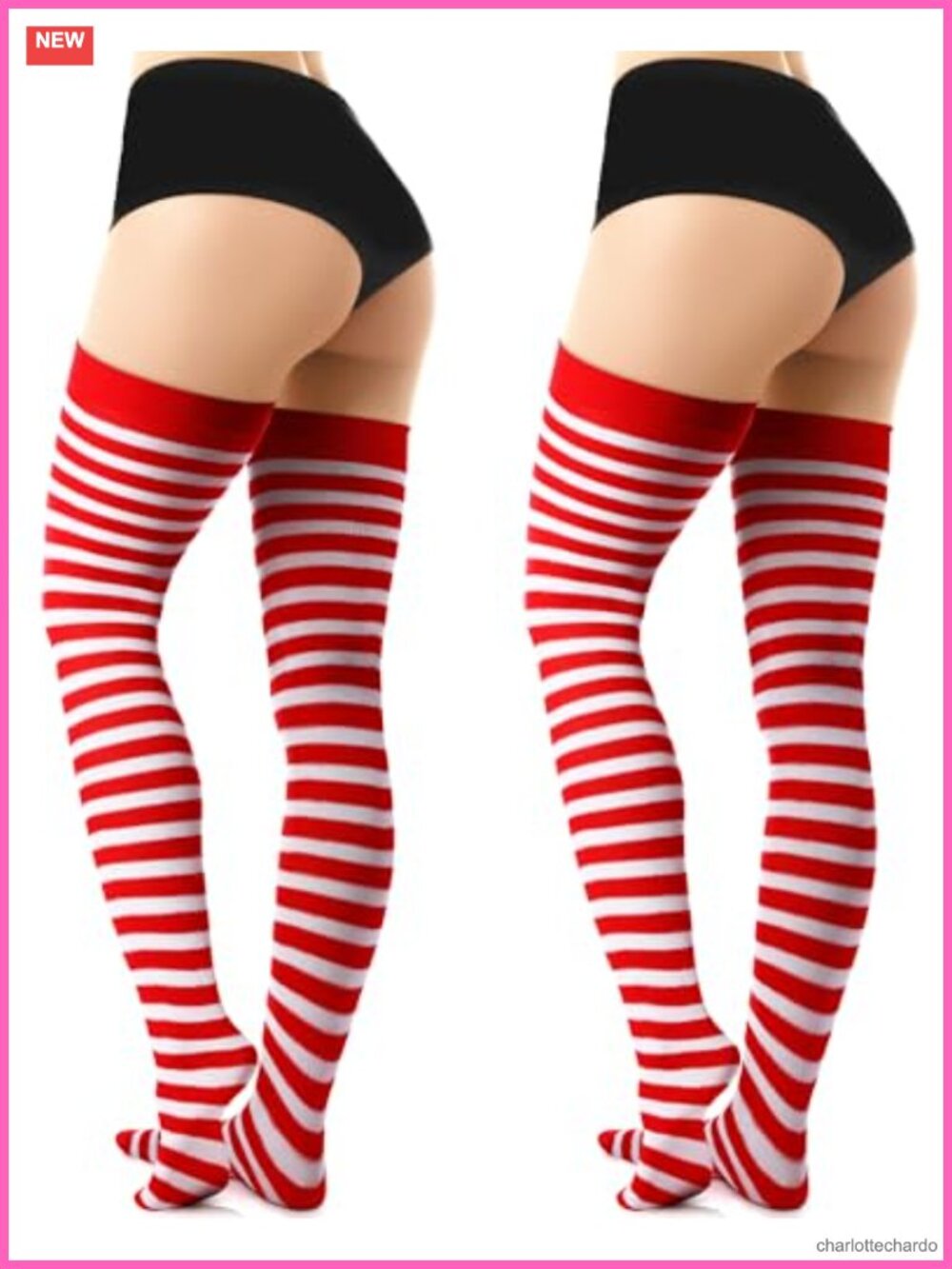 2 Pairs Red & White Striped Thigh High Socks Polyester Knee High Cosplay